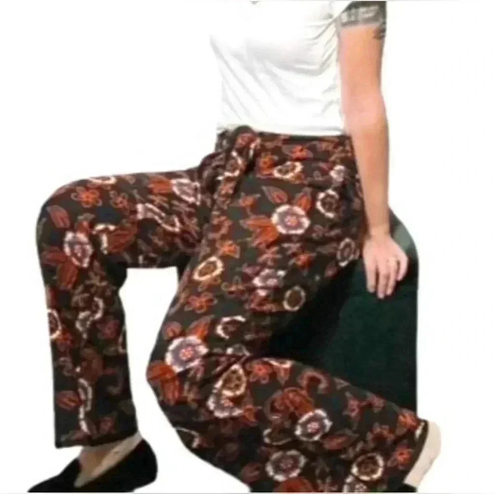 Anthropologie Wide Leg Pants Floral Linen Blend Tie Waist Black Orange 0